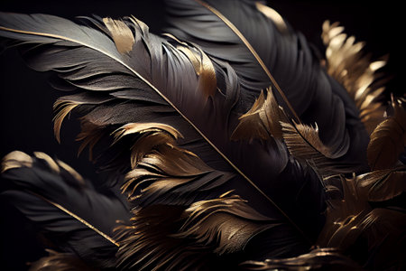Soft and fluffy background bird feathers. Beautiful Golden Feathers Texture Vintage Background High quality illustrationの素材
