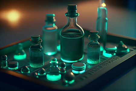 Green empty glass bottles on an out of focus background. scientific study texture, vivid conceptual medical illustration test tubes. High quality illustration.の素材