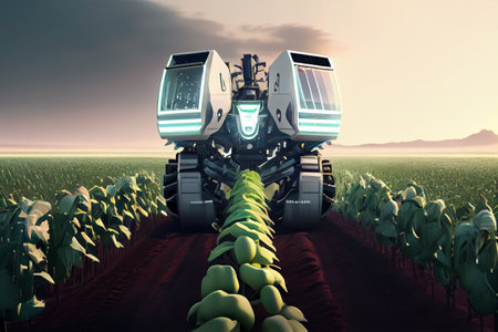 Agriculture robotic and autonomous car working in smart farm, Future 5G technology with smart agriculture farming concept. High quality illustrationの素材