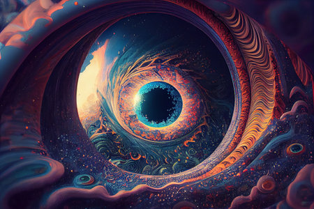 Portal to other dimensions. Surrealistic creative work about future travels. The man with the suitcase walks towards the portal. Psychedelic and astrological. Psychological concept. High quality illustrationの素材