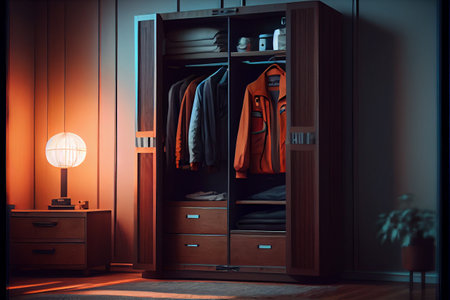 Modern wooden wardrobe with clothes hanging on rail in walk in closet design interior.Modern modular wardrobe concept. High quality ai generated illustration.の素材