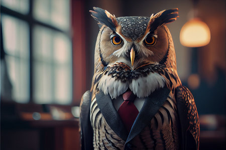 Humanized owl dressed in a formal business suit wearing tie. High quality ai generated illustration.の素材