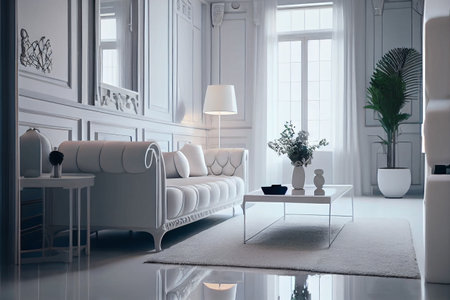 Panorama of stylish apartment interior with white sofa and round dining table. Modern white living room interior. High quality ai generated illustration.の素材