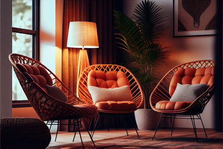 Wicker Chairs In interior Of Modern Living Room. High quality Ai generated illustration.の素材