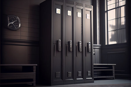 Line of black school gym lockers. High quality Ai generated illustration.の素材