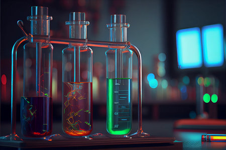 Laboratory equipment. Science concept. Pharmacy and chemistry theme. Test glass flask with solution in research laboratory. Science and medical background. Laboratory test tubes on dark toned background , science research equipment concept. High quality ai generated illustrationの素材