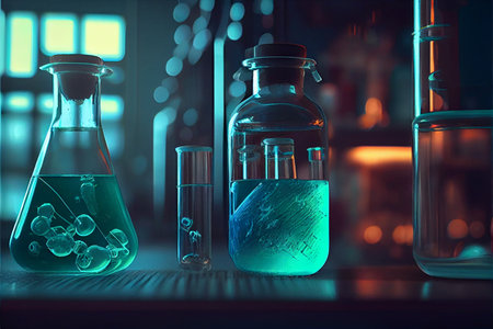 Laboratory equipment. Science concept. Pharmacy and chemistry theme. Test glass flask with solution in research laboratory. Science and medical background. Laboratory test tubes on dark toned background , science research equipment concept. High quality ai generated illustrationの素材