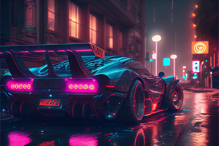 Cyberpunk Sports car driving at nigh city streets with neon lights background. Night street car racing. High quality ai generated illustration.の素材