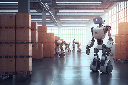 Innovative industry robot working in warehouse for human labor replacement . Concept of artificial intelligence for industrial revolution and automation manufacturing process . High quality illustrationの素材