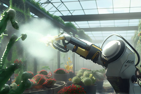 Agriculture technology concept with 3d rendering robotic arm spray fertilizer on plants in greenhouse. High quality illustrationの素材