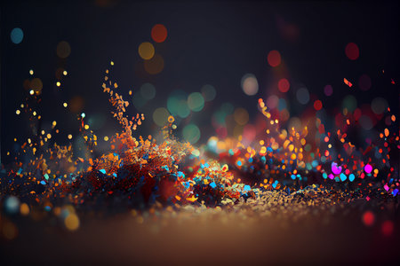 Festive golden dust, glitter background. Colorful blue and orange light. Copy space for art party project. Abstract sparkles shining, beautiful texture, bokeh. High quality illustrationの素材