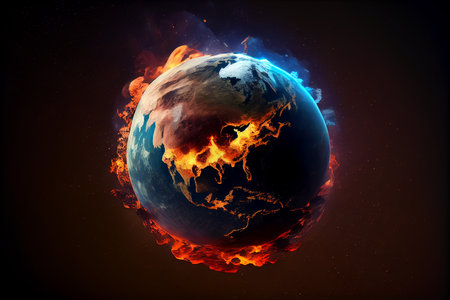 Sun and solar storm, Earth's magnetic field, flow of particles. Rising temperatures. Global warming. High quality ai generated illustrationの素材