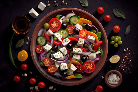 Fresh greek salad with tomato, cucumber, bel pepper , olives and feta cheese on black plate, top view, dark background. High quality illustration.の素材