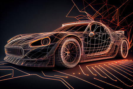 Glowing abstract car outline silhouette on dark background. High quality illustrationの素材