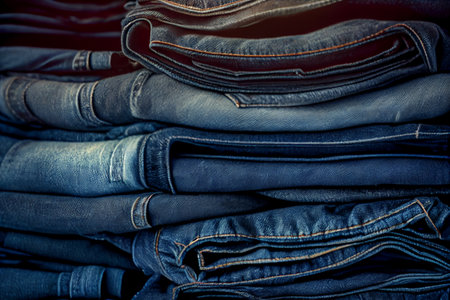 Stacked fashion jeans closeup. Folded blue jean trousers which are stacked. High quality illustrationの素材