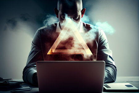 double exposure businessman using laptop in office with cloud service visualization. High quality illustration.の素材