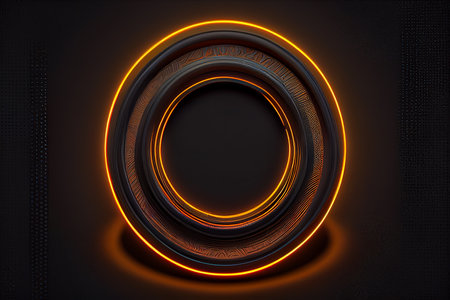 Abstract industrial realistic embossing volume cylinder texture, depressed circles black background, 3d geometric pattern. Round orange dot cyber backdrop. Digital futuristic techno wallpaper. High quality ai generated illustration.の素材