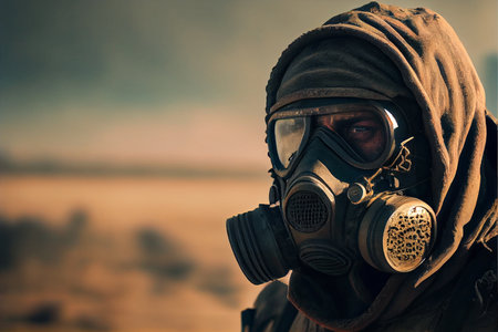 A survivor in protective clothing on fire during an apocalypse. A post-apocalyptic atmosphere. Concept of apocalypse and survival. Environmental disaster. Post apocalyptic survivor in gas mask.Stalker soldier in gas mask against fire, doomsday. High quality ai generated illustration.の素材