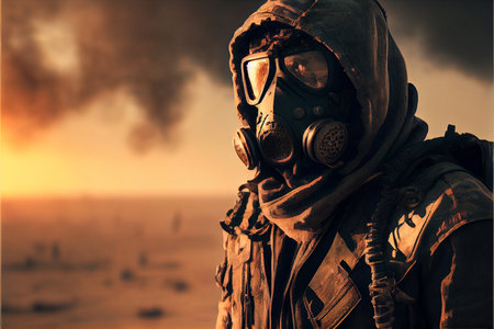 Environmental disaster. Post apocalyptic survivor in gas mask.Stalker soldier in gas mask against fire, doomsday. High quality ai generated illustration.の素材