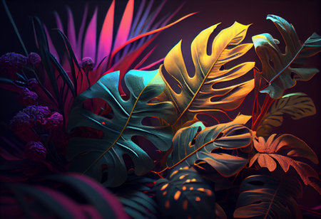 Tropical leaves with neon light. Foliage monstera in ultra violet light colour. High quality illustrationの素材