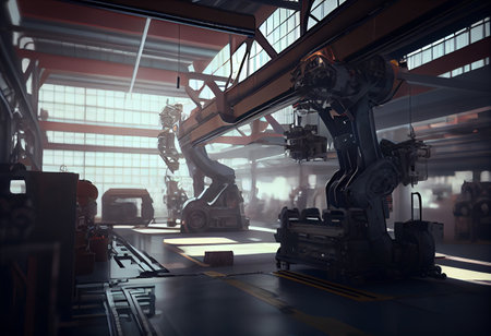 Car Factory automation Concept: Automated Robot Arm Assembly Line Manufacturing. Car Factory Digitalization Industry 4.0 5G IOT Concept: Automated Robot Arm Assembly Line Manufacturing High-Tech Electric Vehicles. High quality illustrationの素材