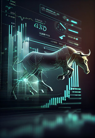 Bull run or bullish market trend in crypto currency or stocks. Trade exchange background, up arrow graph for increase in rates. Cryptocurrency price chart blockchain technology. Global economy boom. High illustration.の素材