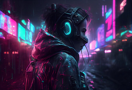 Female avatar DJ in cyberpunk neon style headphones listen to music and stand at night street with neon lights. Sound beats techno musical concept background. High quality illustration.の素材