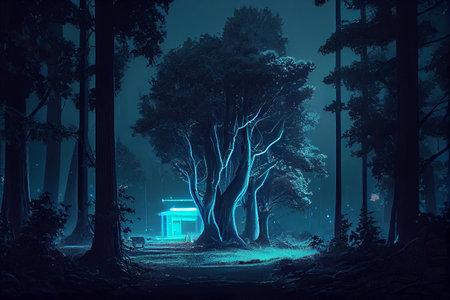 Magic forest with points of lightの写真素材