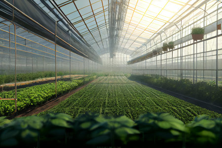 Interior of a greenhouse, full of growing flowers and plantsの写真素材