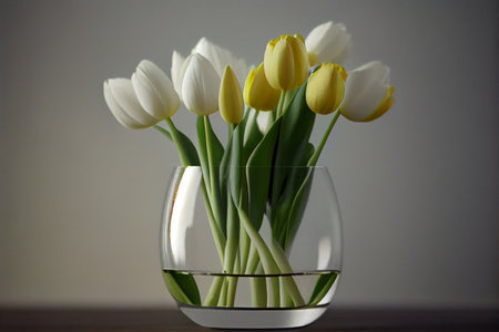 Bouquet of yellow and white tulips in a vase on the floor. A gift for womens day from yellow and white tulip flowers. Beautiful yellow flowers in a vase wall.の写真素材