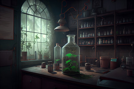 Old science lab with chemical reagents and burner. High quality illustrationの写真素材
