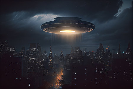 An alien saucer hovering over the city. UFO, alien invasion, unidentified flying object, visitors from space. The concept of space travel and extraterrestrial life. High quality illustrationの素材