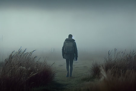 a man walking alone inside a forest in a foggy day. High quality illustrationの素材