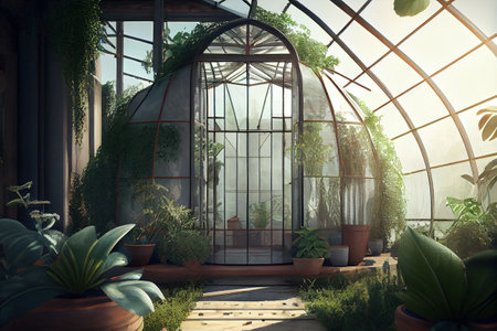 Greenhouse eco farm agriculture. Glass green house garden equipment or plants collection. High quality illustrationの写真素材
