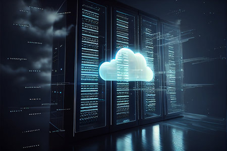 Big data and cloud computing server infrastructure hosting hub storage. Cloud server ai technology. High quality ai generated illustrationの素材
