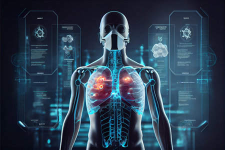 hud interface, futuristic human body, hud biology element, Display set virtual interface elements. Hologram Human Body Health Care of the Future High Tech Diagnostic Panel. Modern medical science in the future. High quality illustrationの素材