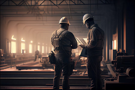 Professional maintenance crew of two european specialists in helmets indoors. Engineers technician team checkup construction project with software and blueprint, Design and plan construction, Teamwork.の素材