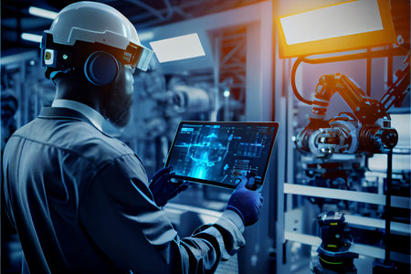 Robotic Process Automation engineer using laptop for smart factory automation software. digital transformation, artificial intelligence, machine learning 5g to control ai robot. Smart factory automation and industry 4.0 concept with connected production robots data with internet of things (IoT) and cloud computing technology, businessman touching interface with icons in gears. Equipment Production. Automated Robot Arm Assembly Line. Ai generated illustration.の素材