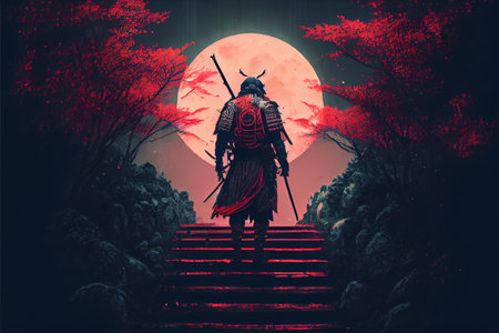 The terrifying ronin stands in the forest at night. Black silhouette of a Japanese warrior samurai against the night forest. High quality ai generated illustration.の素材