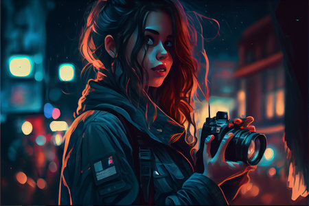 Beautiful girl with camera at night city with bokeh neon lights background. High quality illustrationの素材