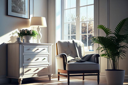 Stylish and modern open space with dining and living room with design map, sofa and family table. Bright and sunny room with plants and brown wooden parquet. High quality illustrationの素材