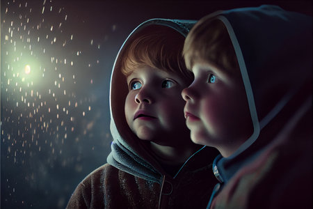 Two brothers making a wish looking at star. Boy and girl make a wish by seeing a falling star. High quality illustrationの素材