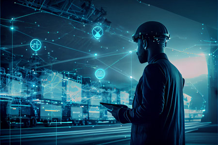 Business and technology digital future of cargo containers logistics transportation import export...