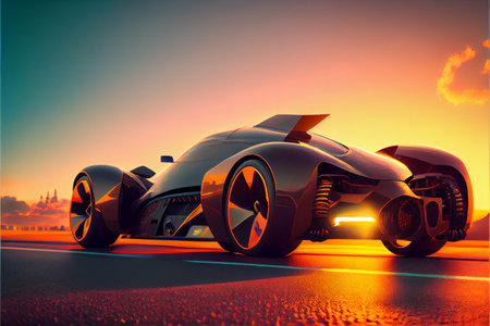 Modern Sport car wheel drifting high speed at sunset. High speed Smart Automotive and Top performance driving concept. Futuristic carの素材
