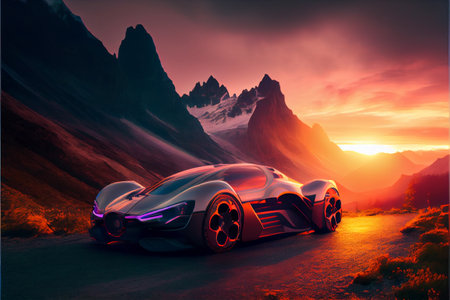 Innovative sport car in mountains at sunset. Futuristic sport car parked in mountains landscape.の素材