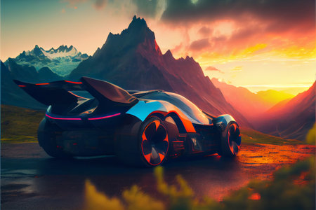 futuristic car driving in mountains at sunset. High speed Smart Automotive and Top performance driving concept. Modern sport car.の素材