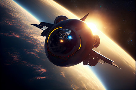 futuristic alien spaceship exploring Mars. Futuristic starship background. Futuristic background. ai generated.の素材