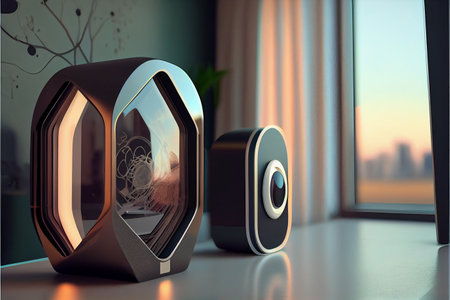 Smart home devices. Futuristic home concept. Wireless engineering devices. AI generated illustration.の素材
