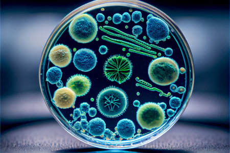 Close-up of virus cells or bacteria on light background. Virus background with disease cells and red blood cell. Corona virus outbreaking and Pandemic medical health risk concept.の素材