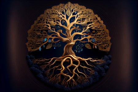 golden tree of life with roots. afterlife concept.の写真素材